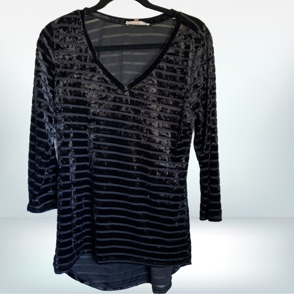 Liquid by Sioni Black Crushed Velvet and Sheer Stripe Blouse, size M - Picture 1 of 7